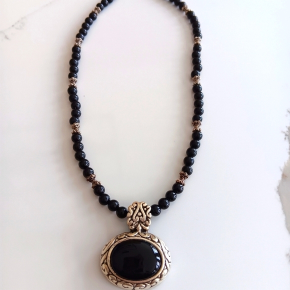 Black Beaded Necklace with Oval Pendant and Silver Setting - Picture 1 of 5
